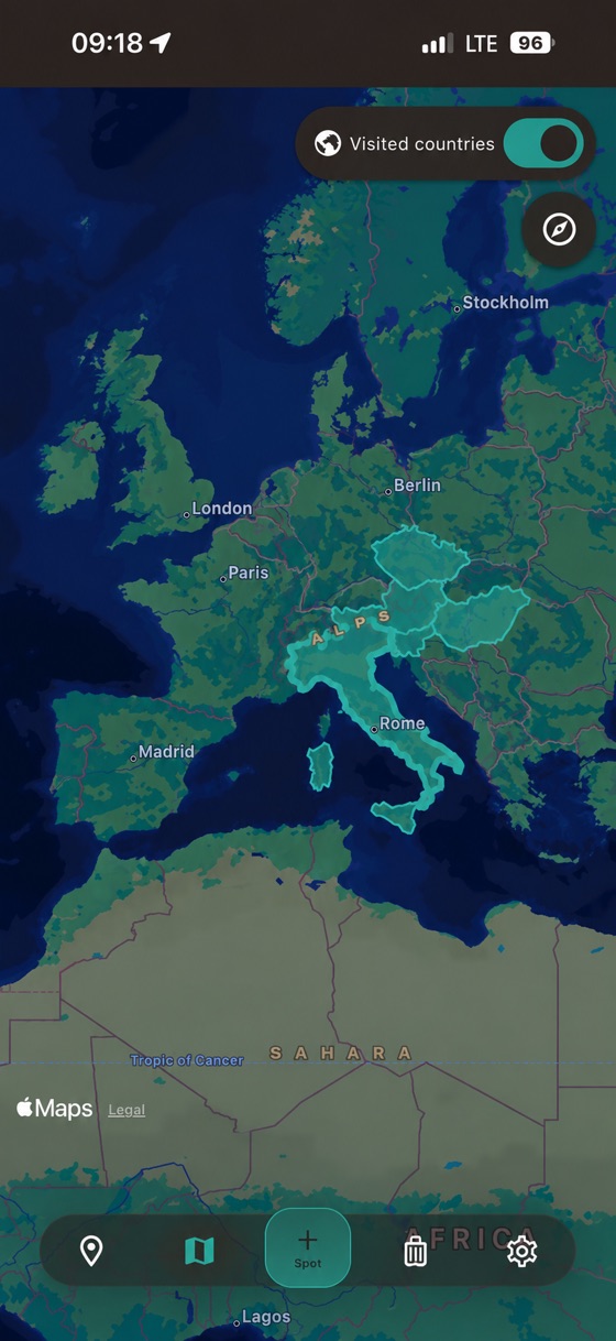SpotJar's map with Visited countries switched on. Italy, Austria, Czechia and Hungary are highlighted.