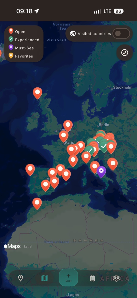 SpotJar's map of Europe with many pins, colored by status, and a legend for Open, Experienced, Must-See and Favorites.