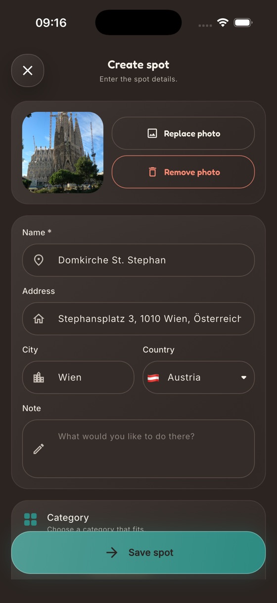 SpotJar's Create spot screen, filled in automatically: a photo of the place, the name Domkirche St. Stephan, the address Stephansplatz 3, 1010 Wien, the city Wien and the country Austria.