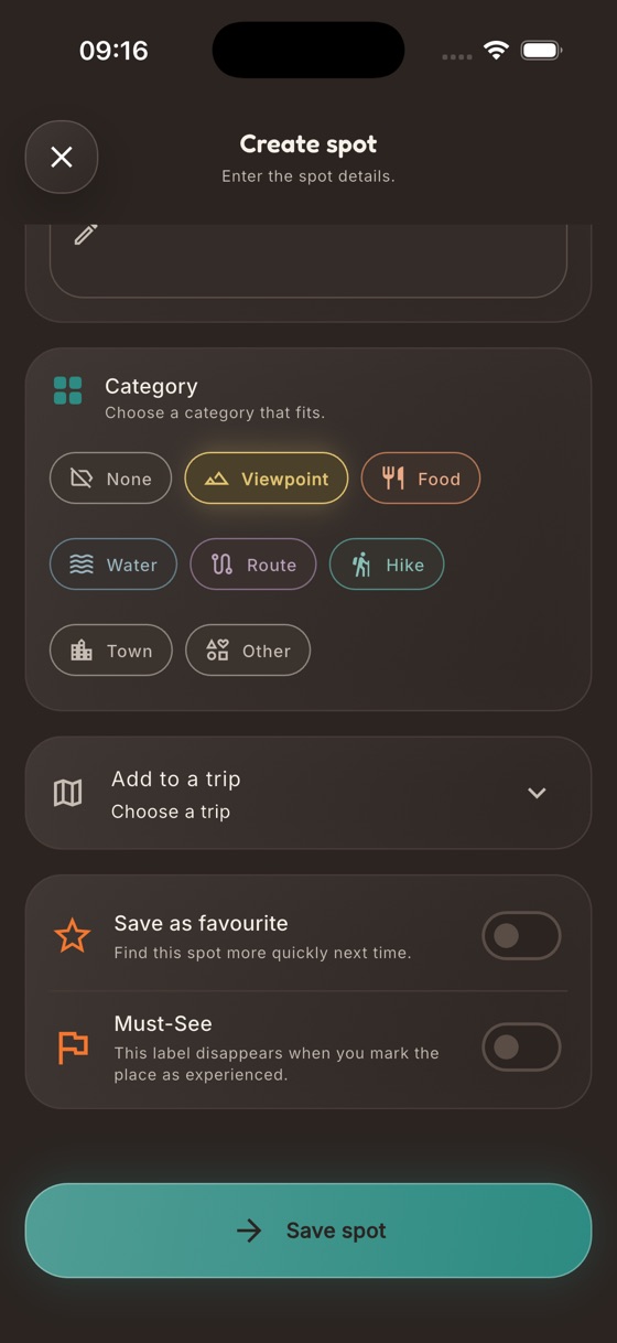 SpotJar's Create spot screen further down: category chips such as Viewpoint, Food, Water, Route, Hike and Town, a menu for adding the spot to a trip, and switches for Save as favourite and Must-See.
