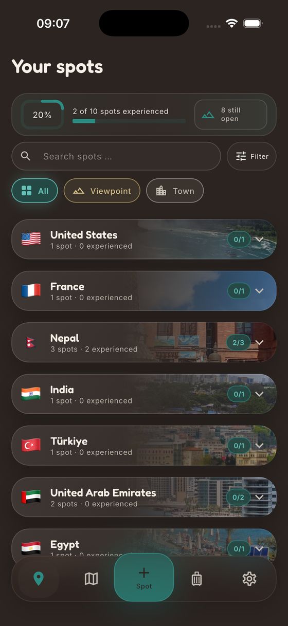SpotJar's Your spots list. It shows 2 of 10 spots experienced, filters for All, Viewpoint and Town, and spots grouped by country, including the United States, France, Nepal and India.