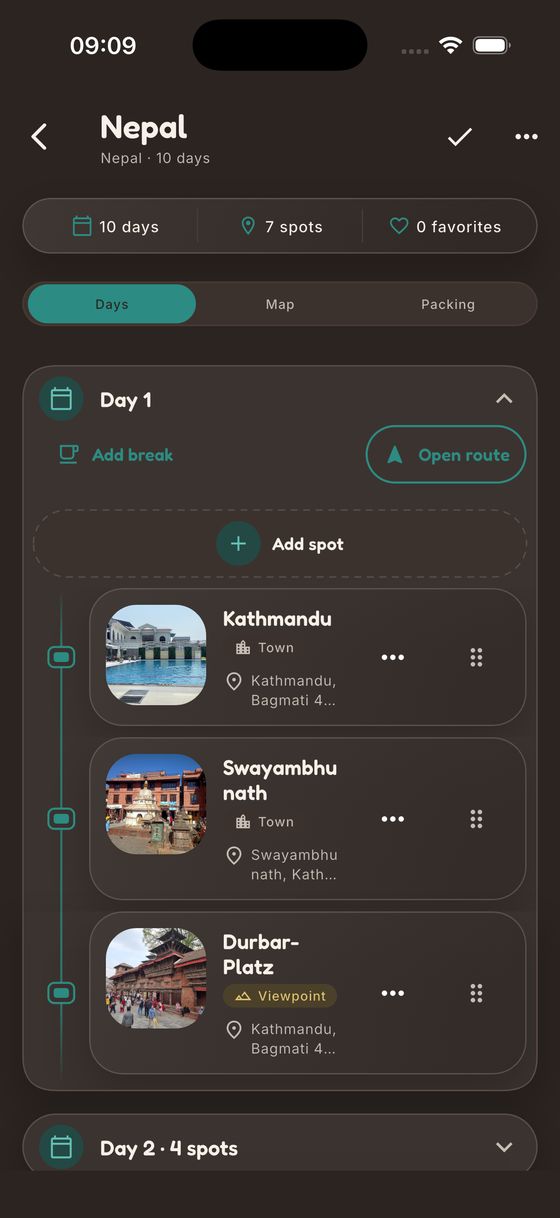 SpotJar trip Nepal with 10 days and 7 spots. Day 1 lists Kathmandu, Swayambhunath and Durbar Square in order, with buttons to add a spot and open the route.